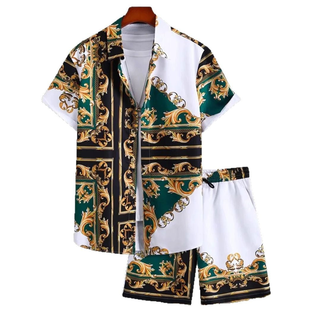 Short Sleeve Men's Summer Loose Foreign Trade Cross-border Casual Hawaiian Floral Beach Shirt Shorts  ( Available )