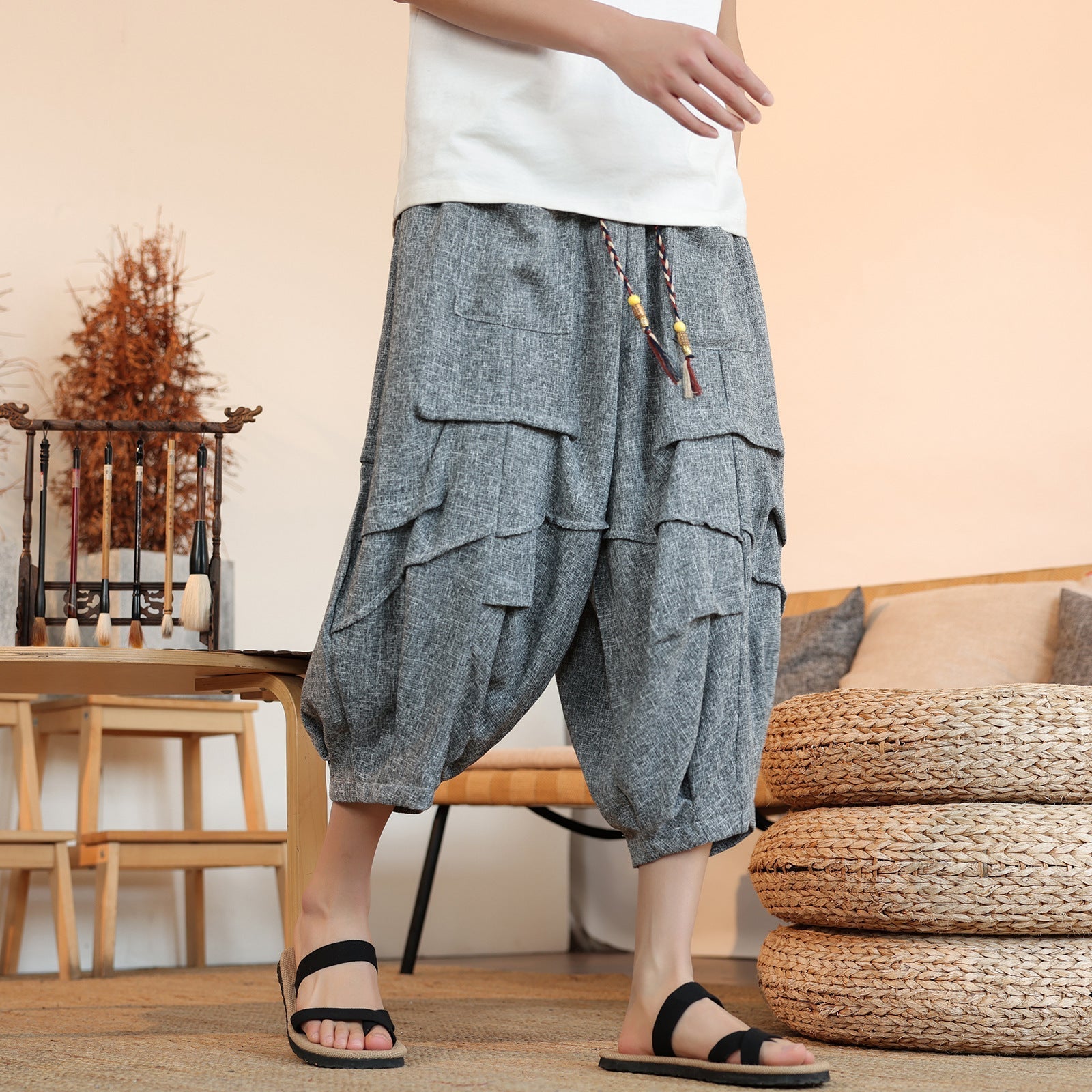 New Chinese Style Ice Silk Draping Pleated Cropped Pants Loose Men's Wide-leg Pants