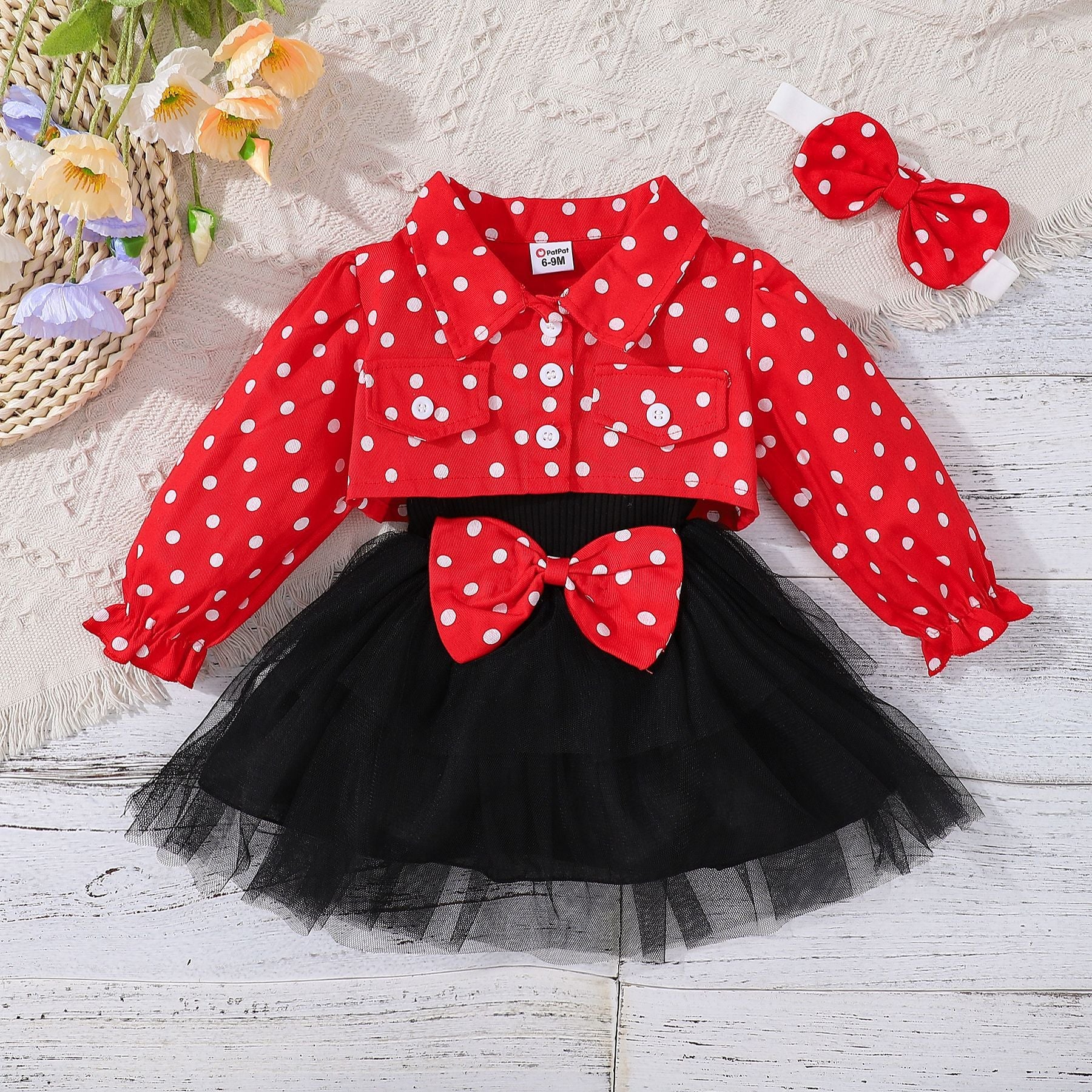girls skirt suit baby and toddler sling mesh bow dress + polka dot lapel Tops