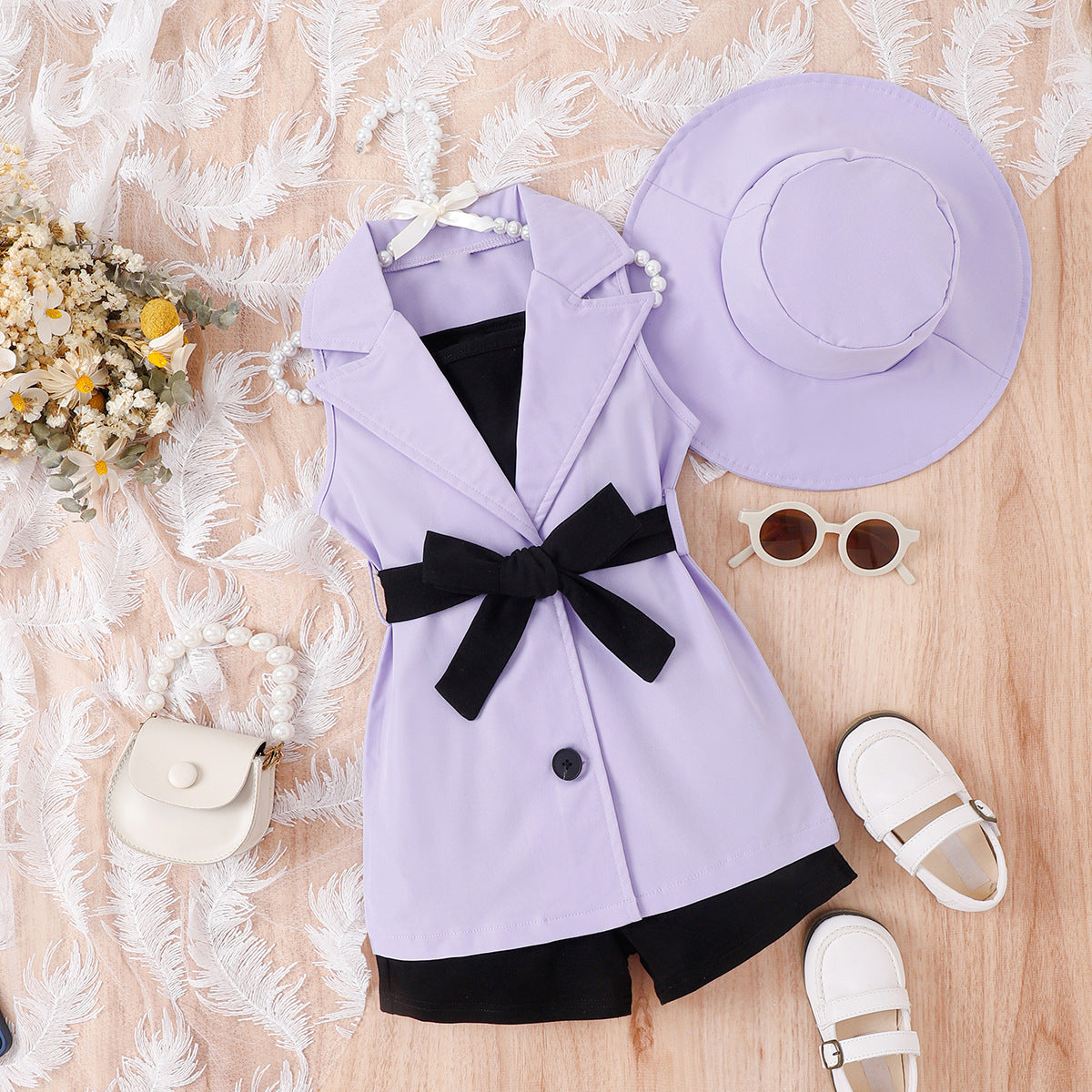 Girls suits for small and medium-sized children: suspender bottom + shorts + sleeveless suit jacket + hat 4Pcs set