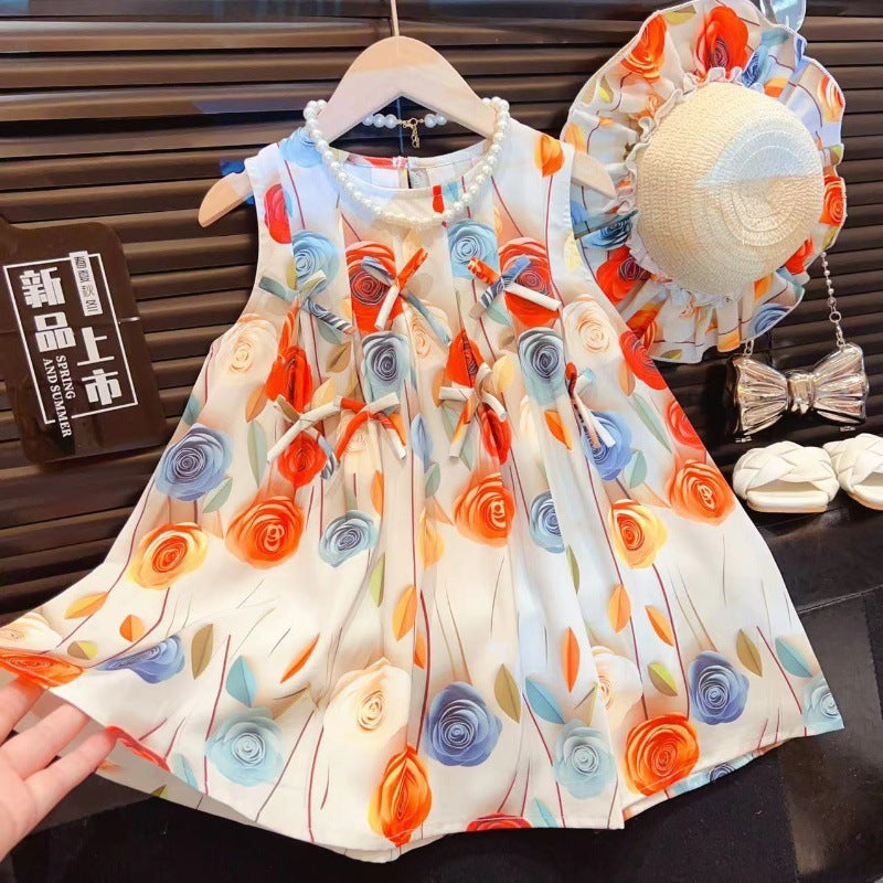 Girls Rose Flower Bowknot Dress 2025 Baby Sweet Princess Dress Sleeveless Vest Dress with Hat