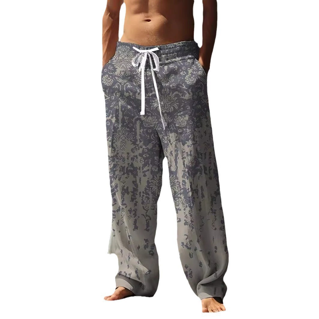 Autumn Men's Health Cloth Straight-leg Pants 3D Digital Vintage Print Ethnic Style Baggy Pant