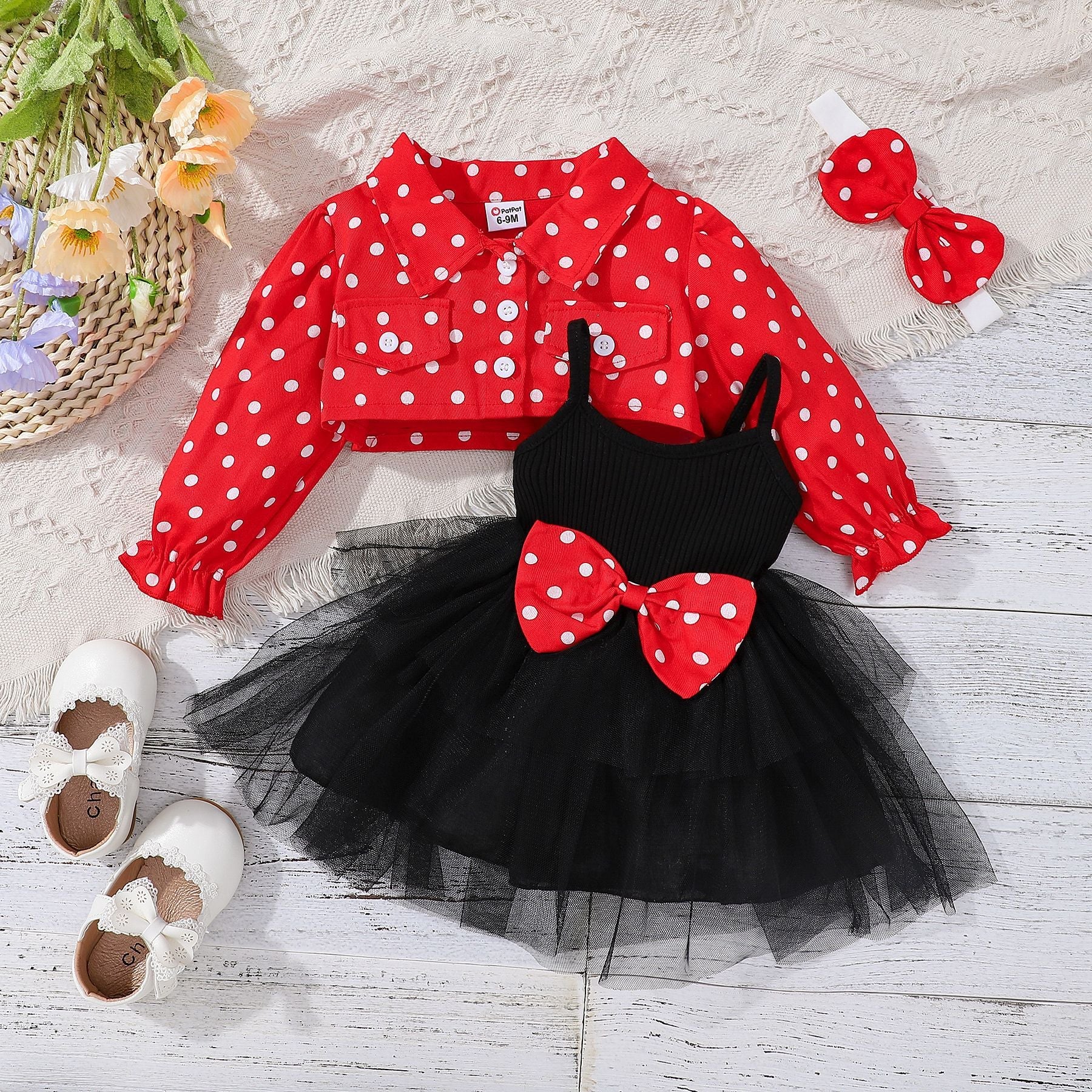 girls skirt suit baby and toddler sling mesh bow dress + polka dot lapel Tops