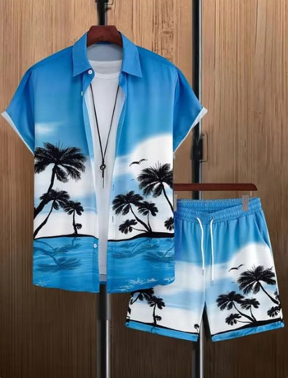 Short Sleeve Men's Summer Loose Foreign Trade Cross-border Casual Hawaiian Floral Beach Shirt Shorts  ( Available )