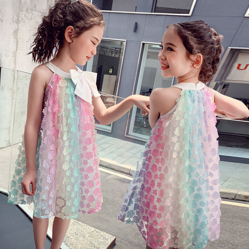 Girls sleeveless dress 2025 summer new color 3D flower skirt children's bow princess skirt