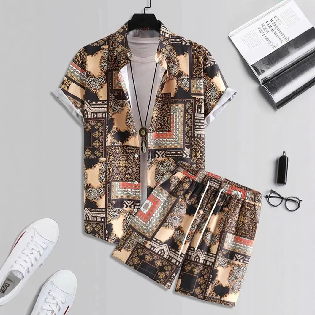 Short Sleeve Men's Summer Loose Foreign Trade Cross-border Casual Hawaiian Floral Beach Shirt Shorts  ( Available )