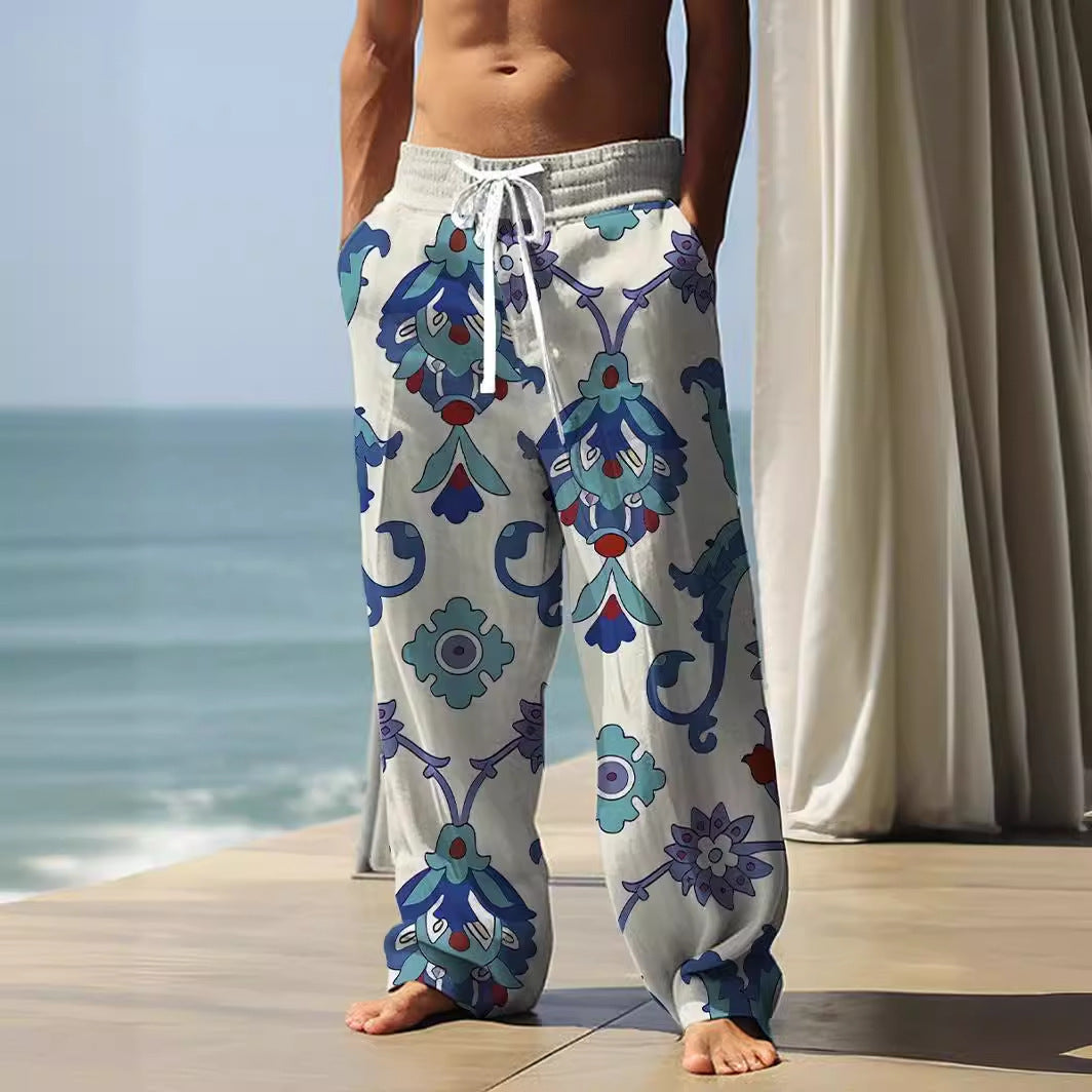 Autumn Men's Health Cloth Straight-leg Pants 3D Digital Vintage Print Ethnic Style Baggy Pants