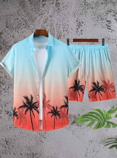 Short Sleeve Men's Summer Loose Foreign Trade Cross-border Casual Hawaiian Floral Beach Shirt Shorts  ( Available )