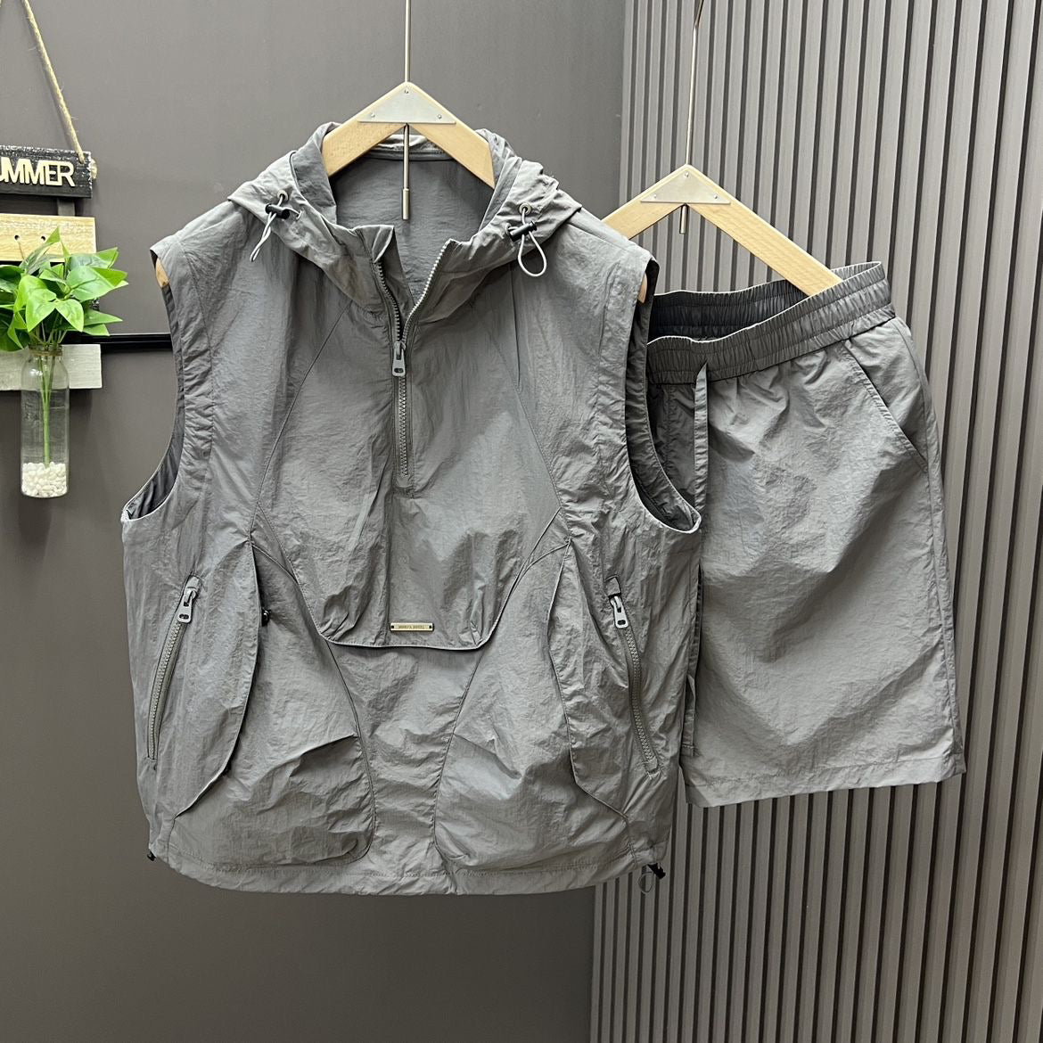 Casual Hooded Vest Suit Men's Summer Workwear Thin Loose