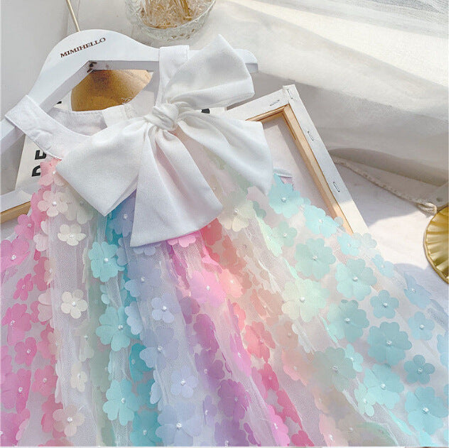 Girls sleeveless dress 2025 summer new color 3D flower skirt children's bow princess skirt