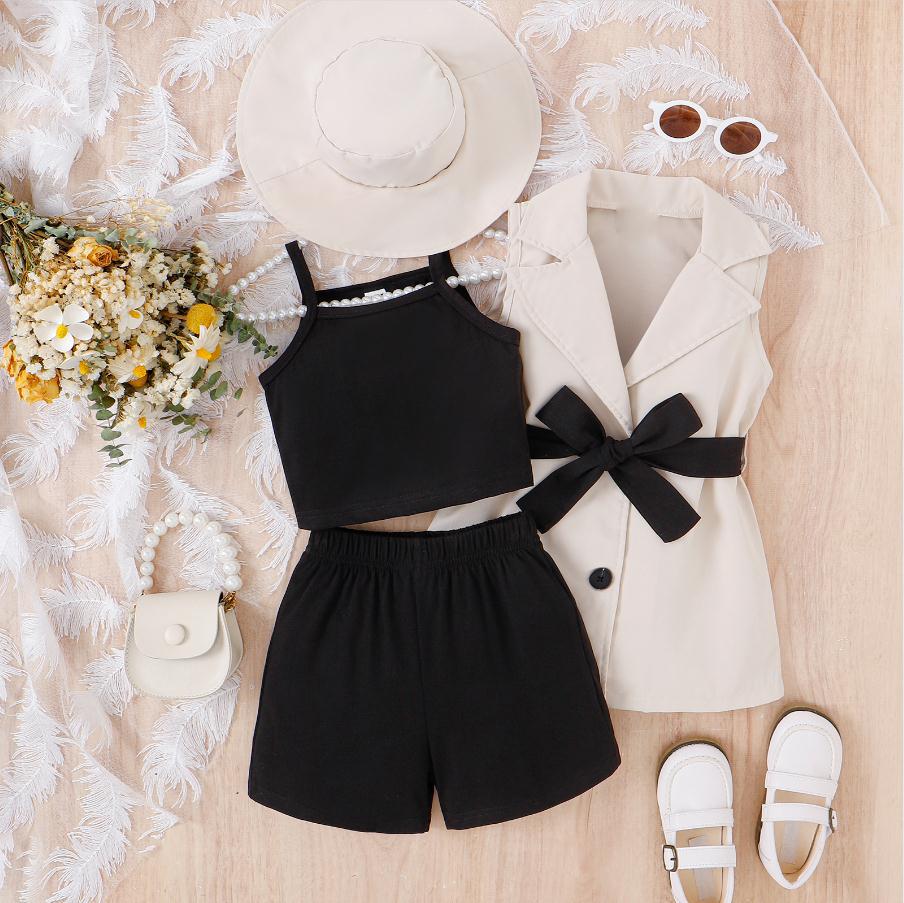 Girls suits for small and medium-sized children: suspender bottom + shorts + sleeveless suit jacket + hat 4Pcs set
