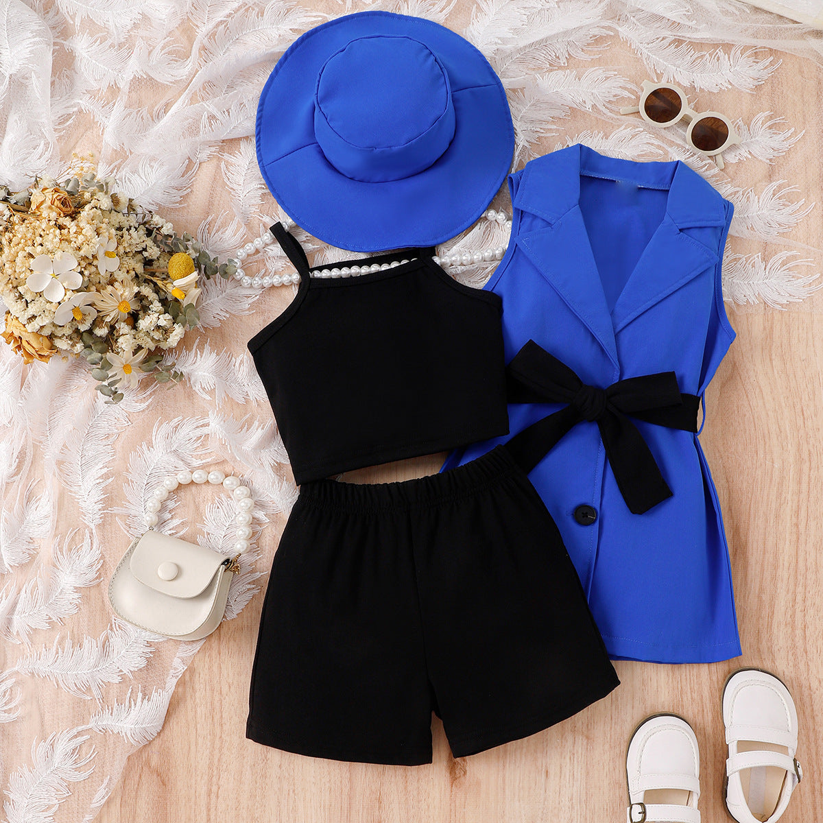 Girls suits for small and medium-sized children: suspender bottom + shorts + sleeveless suit jacket + hat 4Pcs set