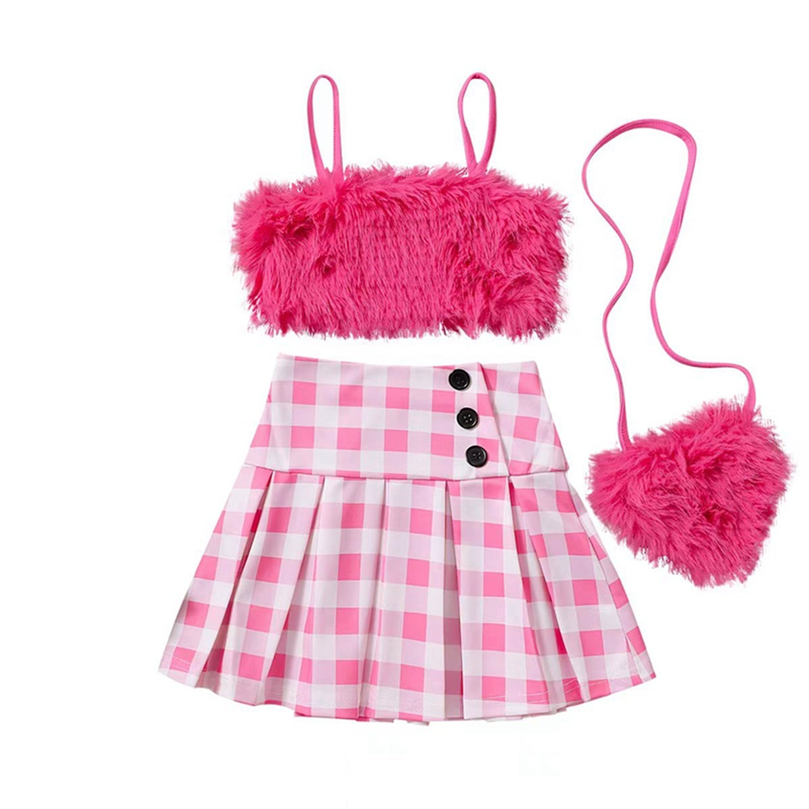 Girls' Fur Sling Solid Color Fur Button Pleated Skirt Bag