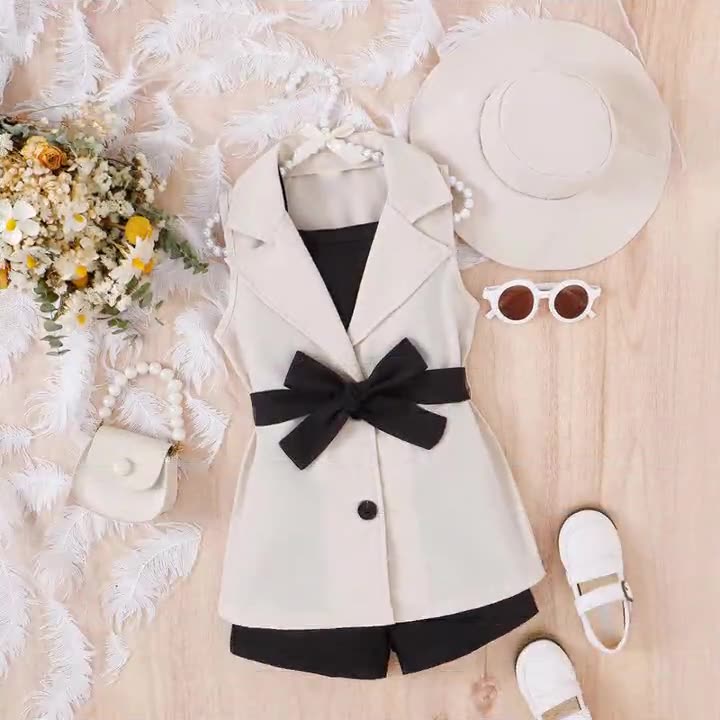 Girls suits for small and medium-sized children: suspender bottom + shorts + sleeveless suit jacket + hat 4Pcs set