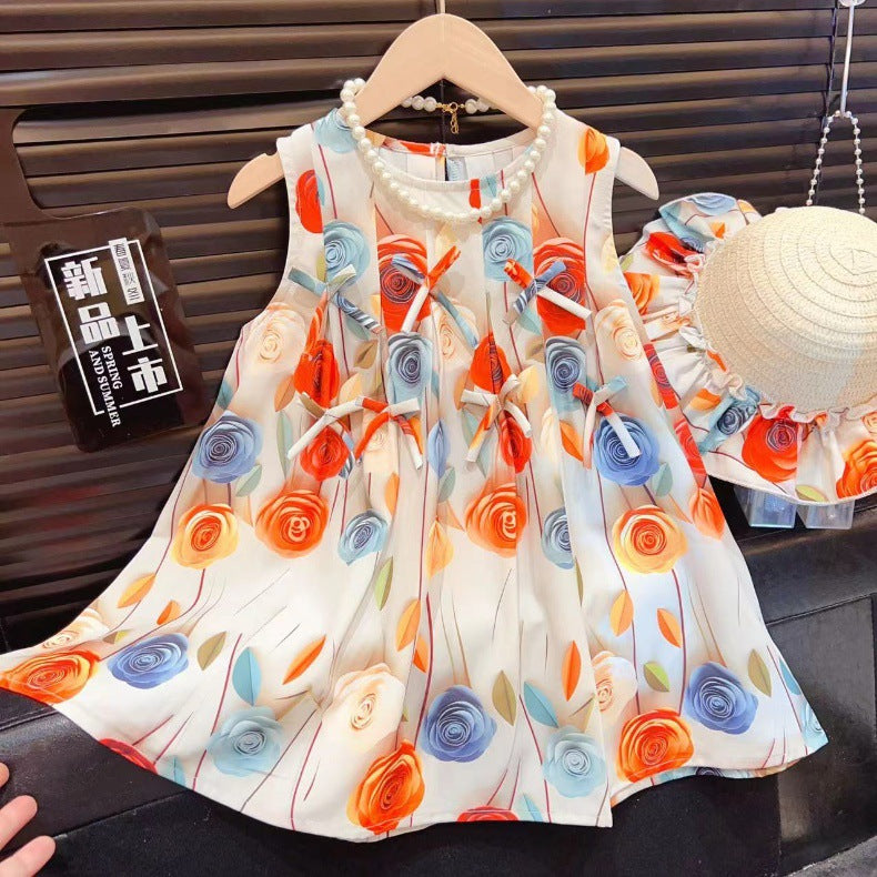 Girls Rose Flower Bowknot Dress 2025 Baby Sweet Princess Dress Sleeveless Vest Dress with Hat