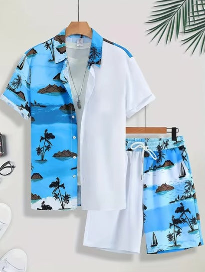 Short Sleeve Men's Summer Loose Foreign Trade Cross-border Casual Hawaiian Floral Beach Shirt Shorts  ( Available )