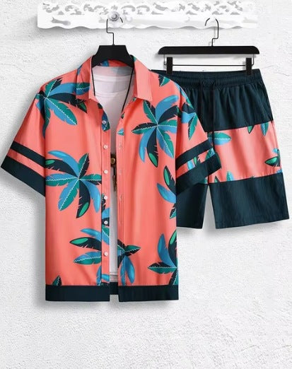 Short Sleeve Men's Summer Loose Foreign Trade Cross-border Casual Hawaiian Floral Beach Shirt Shorts  ( Available )