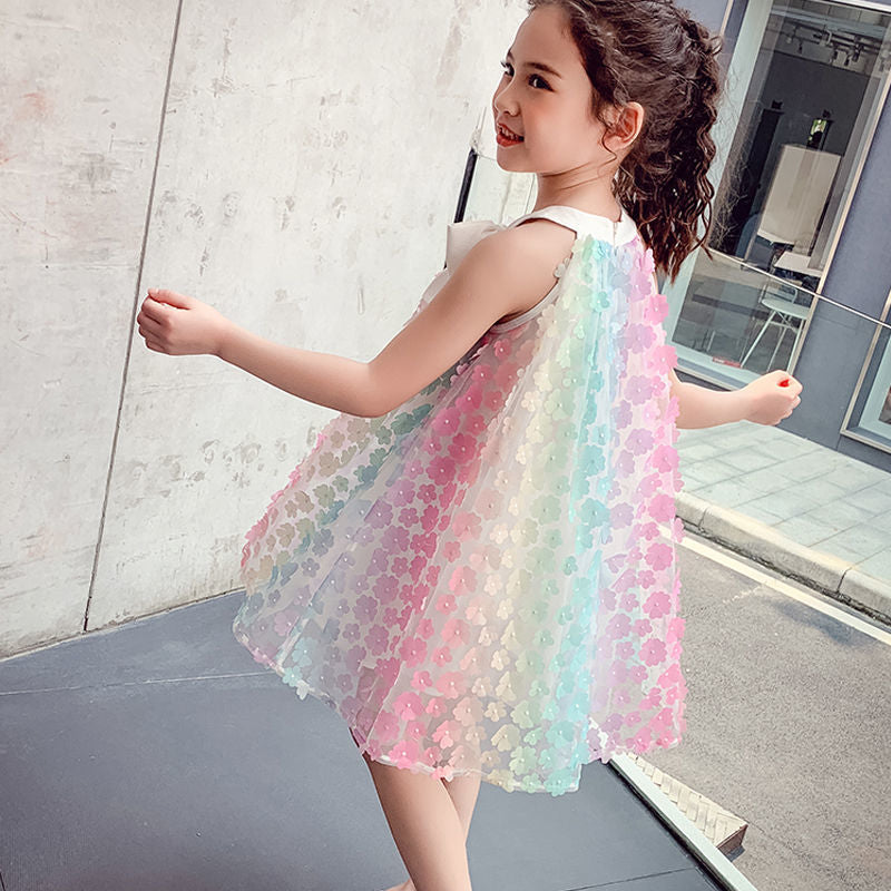 Girls sleeveless dress 2025 summer new color 3D flower skirt children's bow princess skirt