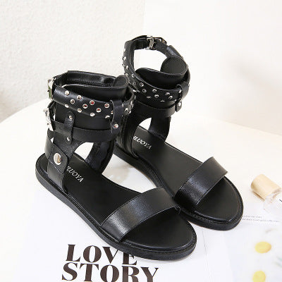 Black Soft End Roman Rivet Flat Beach Sandals