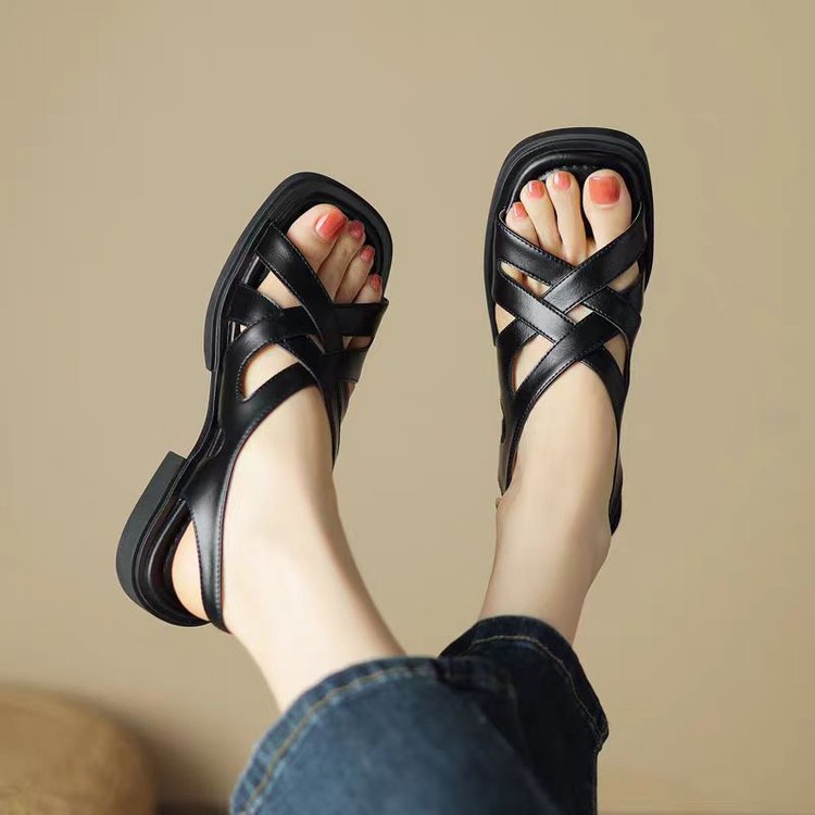 Women's Patent Leather Low Heel Square Toe Beach Sandals