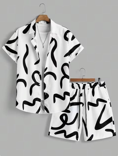 Short Sleeve Men's Summer Loose Foreign Trade Cross-border Casual Hawaiian Floral Beach Shirt Shorts  ( Available )