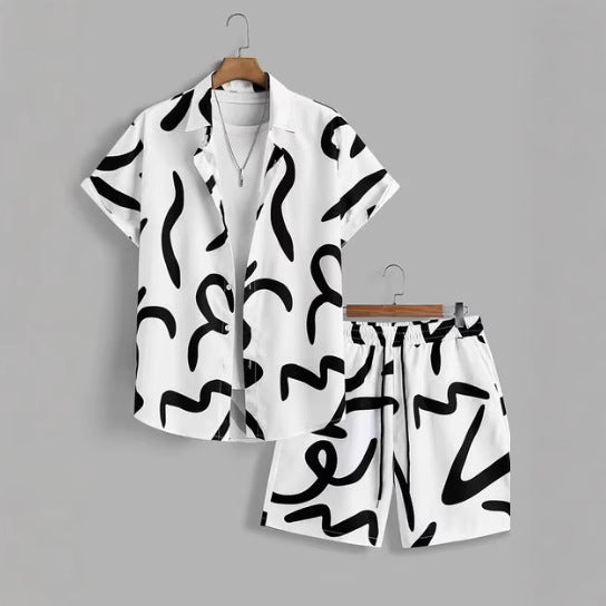 Short Sleeve Men's Summer Loose Foreign Trade Cross-border Casual Hawaiian Floral Beach Shirt Shorts  ( Available )