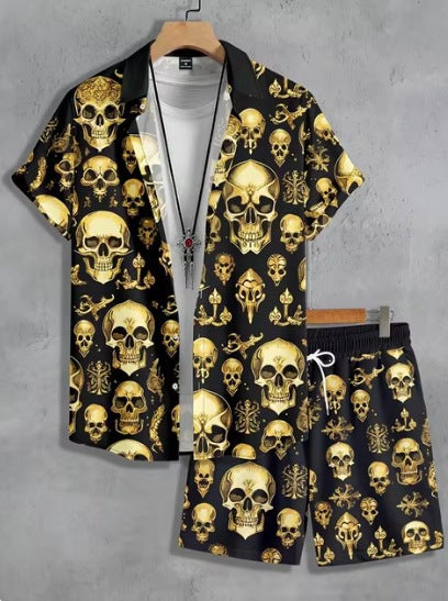 Short Sleeve Men's Summer Loose Foreign Trade Cross-border Casual Hawaiian Floral Beach Shirt Shorts  ( Available )