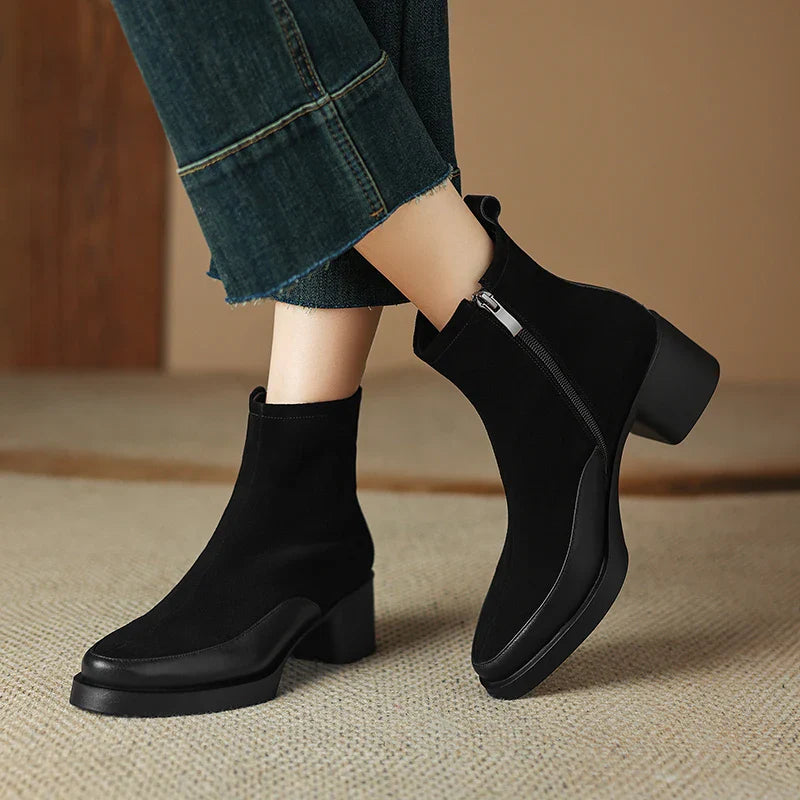 2025 New Women's Short Boots Genuine Leather Retro Chunky Heel High Heel Boots Female Large Size Pointed Toe Women Ankle Boots