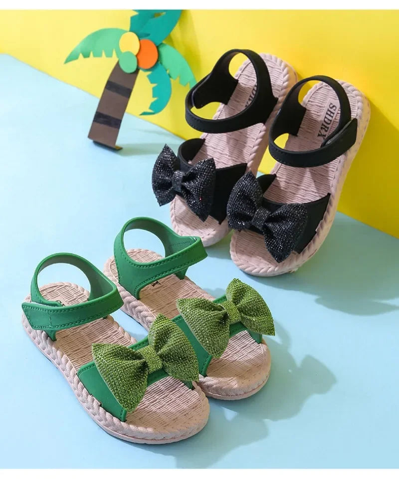Kids Shoes Summer Girls Sandals Bow Non-slip Soft Soled Versatile Solid Korean Children Sweet Princess Shoes Beach Sandals