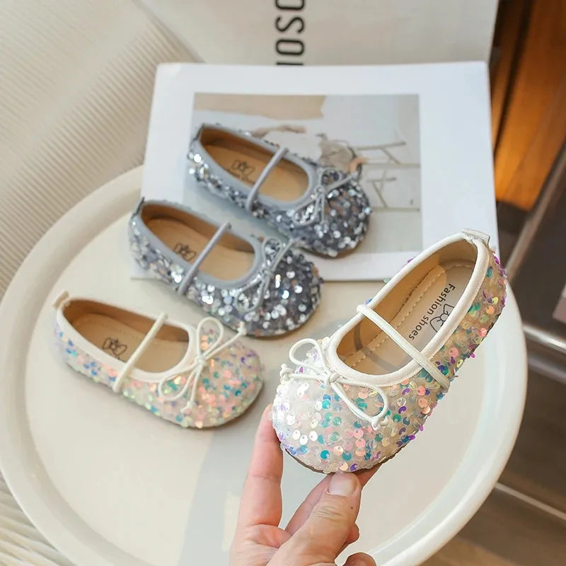 Girls' Shoes 2025 Spring New Fashion Little Girl Sequin Princess Shoes Soft Sole Girls' Shallow Mouth Single Shoes Breathable