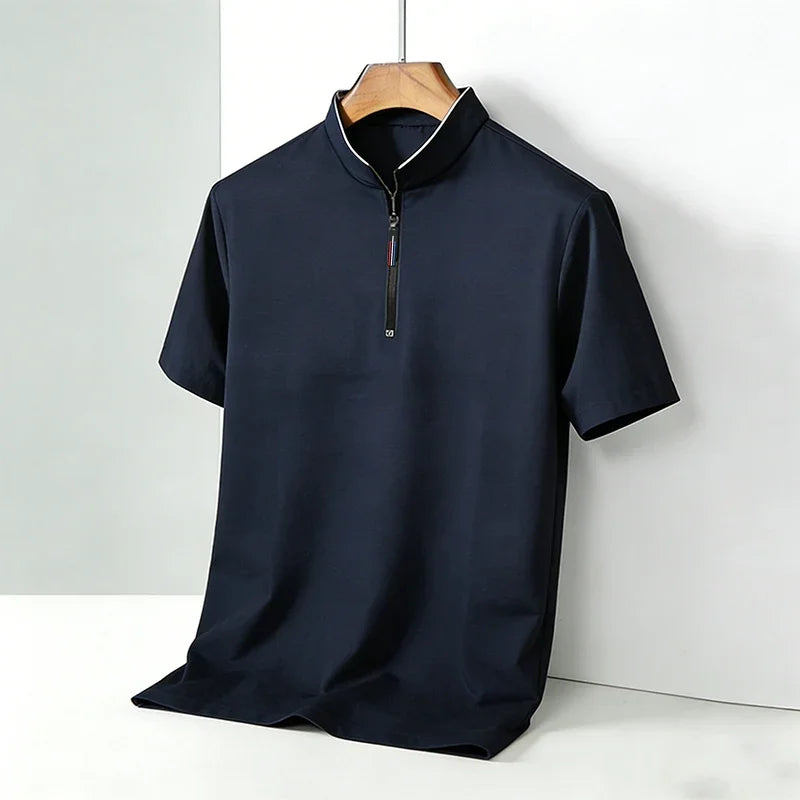 Men's Short Sleeve Stand Collar T-Shirt Summer Casual Business Half-Zip Top Breathable Solid Color Slim Fit Male Daily Wear