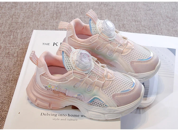 Girls Sneakers with Sweet Flowers Children Running Shoes Rotating Button 2025 New Kids Sports Shoes Princess Style Comfortable