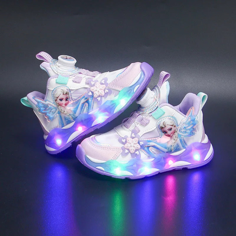 2025 Elsa Light-Up Girls Boots, Fleece-Lined Leather Sneakers for Kids Winter Running Shoes