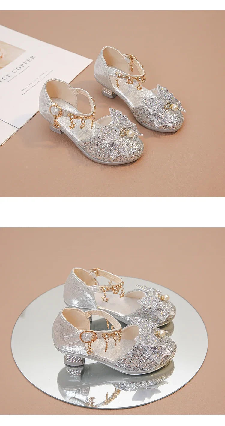 Girls High Heeled Leather Shoes High Heels for Wedding Party Glitter Rhinestone with Bow-knot Kids Dress Pendant Bling Sparkling