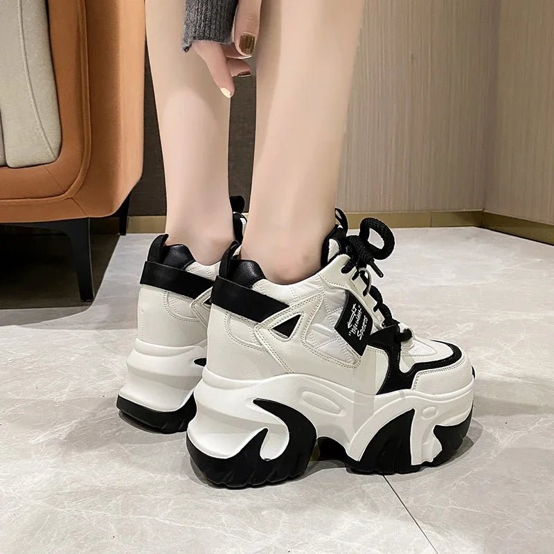 Women Walking Sneakers 2025 Spring Lace-up High Platform Chunky Shoes Breathable Leather Shoes 10CM Wedge Heels Casual Shoes
