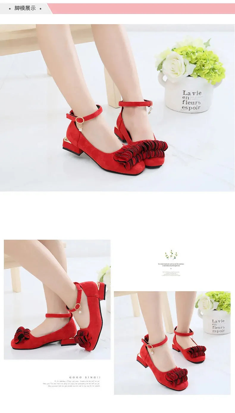 Girls Party Shoes High Heeled Fashion Princess with Flowers Sweet Chic Kids Leather Shoes for Wedding Model Shoes Ankle-strap
