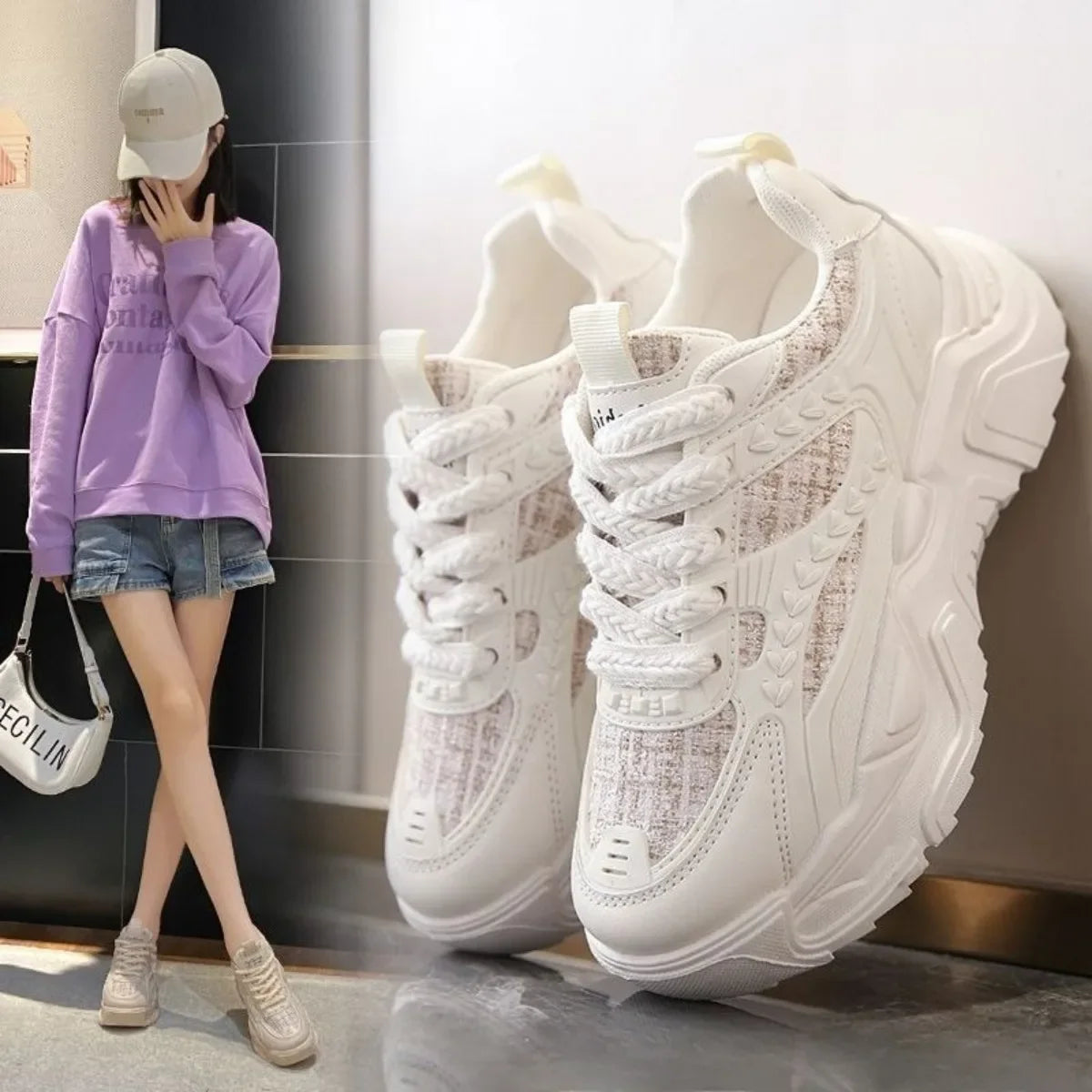 Women's Platform Sneakers - Mesh & Leather Chunky Sole, Breathable Non-Slip, Stylish Casual Sports Shoes for Daily & Dating