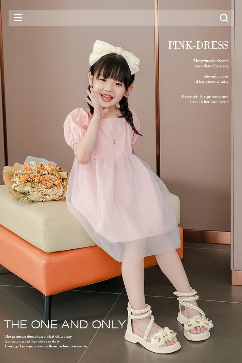 Children's Sandals Summer Bowtie Princess Shoes for Girls Fashion Sweet Kids Causal Pearl Roman Sandals Solid Color Hook Loop