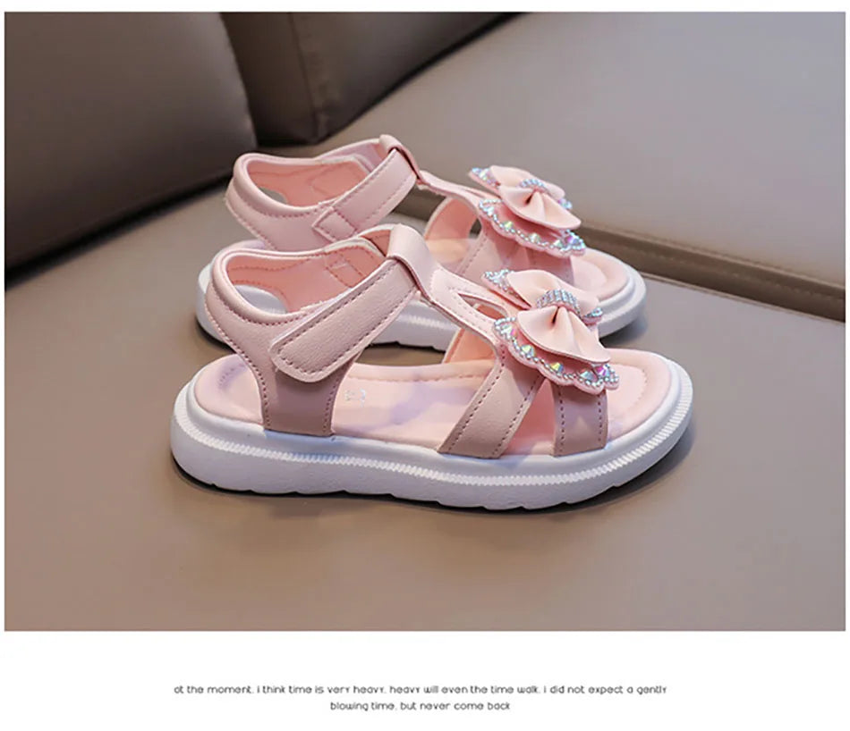 Adorable Elegant Girls Summer Casual Sandals Soft Soled Princess Style Kids Shoes Comfort Breath Anti Slip Magic Strap Closure