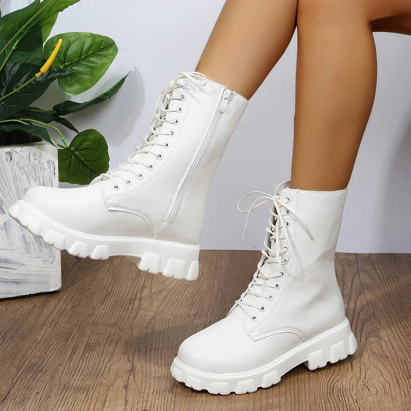Boots Women 2022 Autumn Winter PU Leather White Ankle Boots Motorcycle Botines Female Chunky Heels Platform Boots Botas Mujer