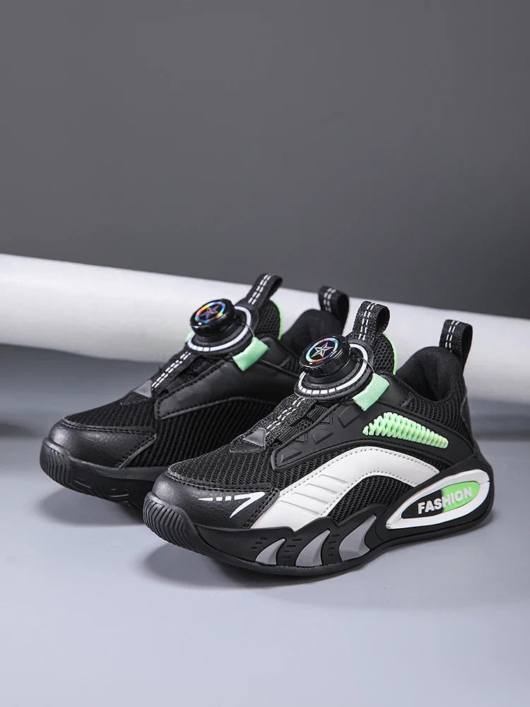 Boys' New Trendy Color-Blocked Mesh Sneakers with Knob Buckle, Dad Shoe Style Breathable Children's Shoes, Spring and Autumn Campus Outdoor Non-Slip Running Shoes, Casual Sports Trendy Shoes