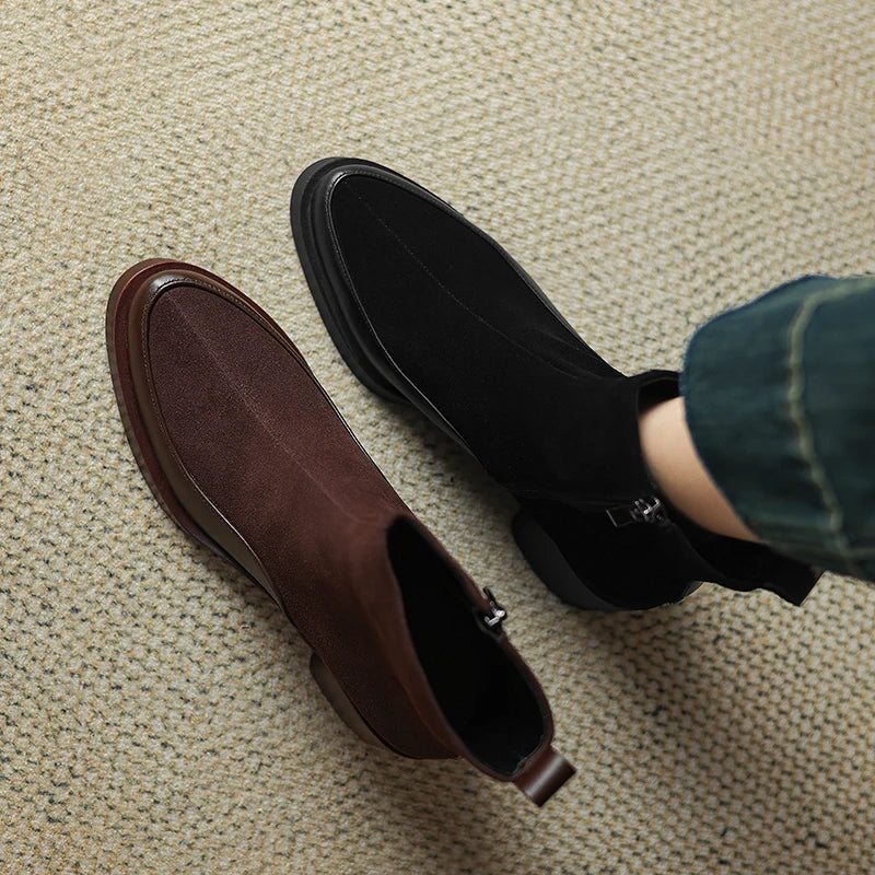 2025 New Women's Short Boots Genuine Leather Retro Chunky Heel High Heel Boots Female Large Size Pointed Toe Women Ankle Boots