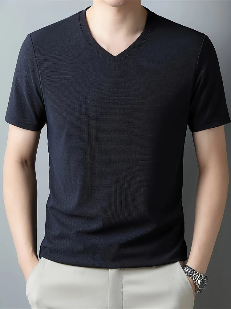 Men's Solid Color V-neck Short Sleeve T-shirt  Comfy And Breathable Tees  Men  Casual And Chic Tops  Summer Daily Wear