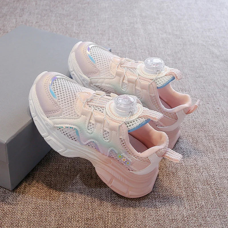 Girls Sneakers with Sweet Flowers Children Running Shoes Rotating Button 2025 New Kids Sports Shoes Princess Style Comfortable