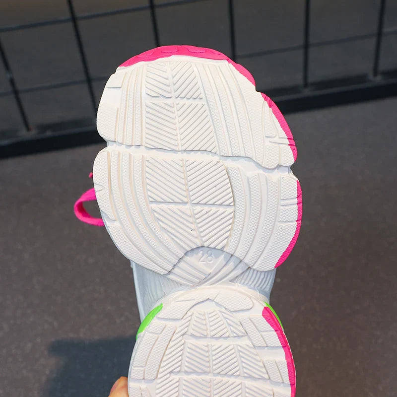 Girl's Color Block Mesh Breathable Chunky Shoes Comfy Non Slip Lace Up Durable Sneakers For Kid's Outdoor Activities