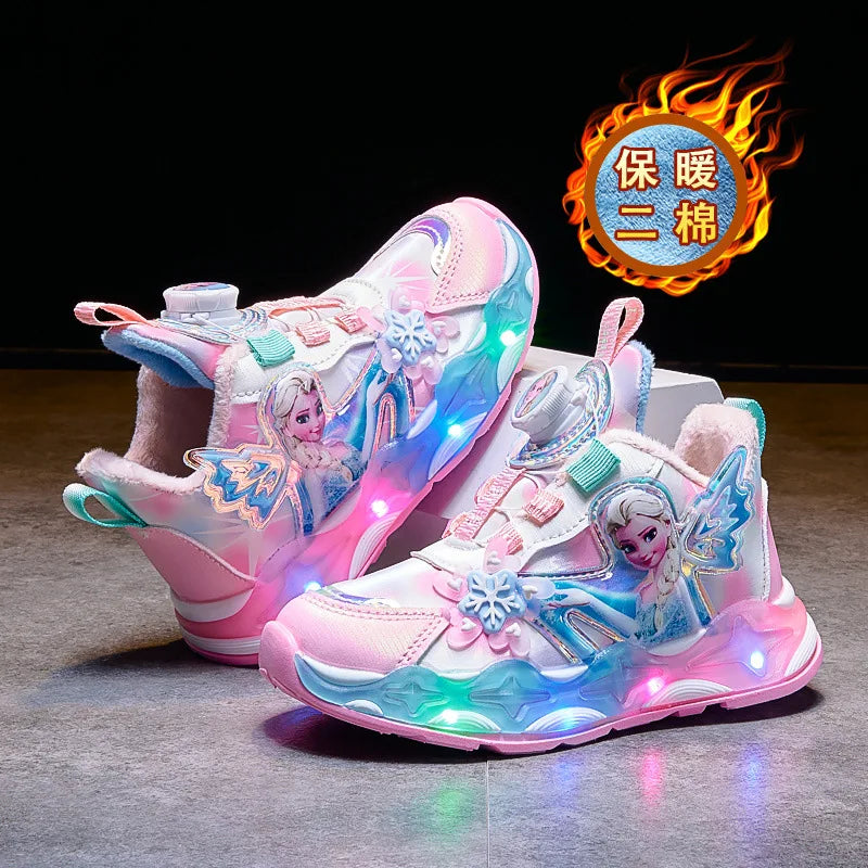 2025 Elsa Light-Up Girls Boots, Fleece-Lined Leather Sneakers for Kids Winter Running Shoes