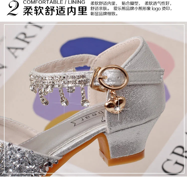Girls' high-heeled princess shoes model catwalk show silver children's dress shoes shiny stage crystal sandals