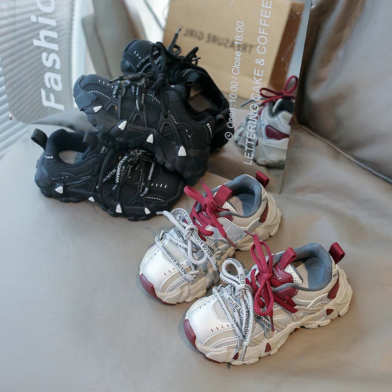 Children's Sneakers Four Seasons Leather Boys Girls Single Shoes 3-18 Years Old Black Soft Bottom Non-slip Kids Running Shoes