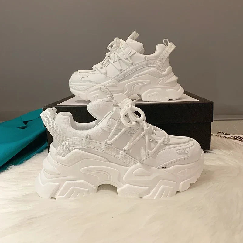 Platform Sneakers for Women Fashion White Lace Up Running Shoes Casual Comfortable Round Toe Chunky Sport Shoes Zapatos De Mujer