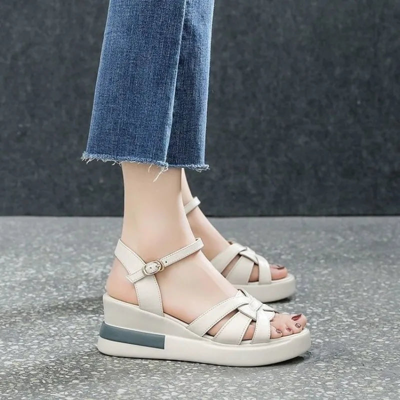 2024 Summer NewWomen's Sandals Casual Retro Hollow Button Sandals Women's Open-toe Sandals Fashion Comfortable Slope Heel Sandal